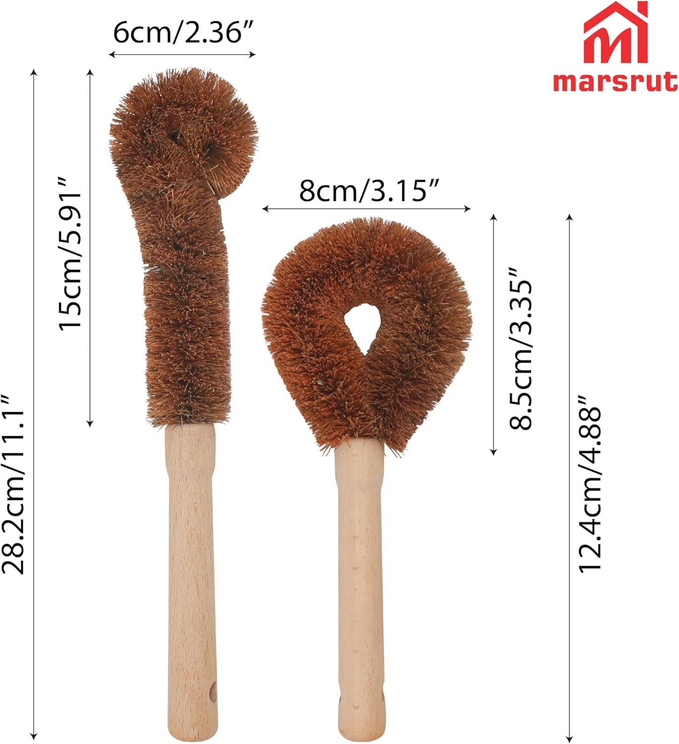 2Pcs Coconut Brush Fiber Bottle Wooden Cleaning Brush, Scrub Head for Deep Pan Cleaning Washing, Sturdy Natural Eco-Friendly Handle Holder, Bristle Scrubber for Kitchen Dishes Vegetable, Dark Brown