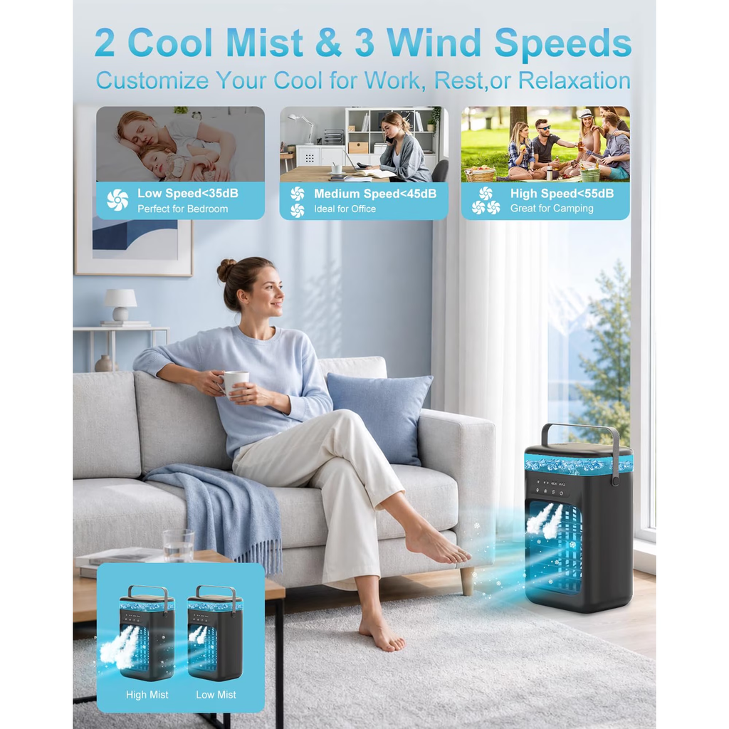 Portable 4-in-1 Evaporative Air Cooler with 3 Fan Speeds, Dual Mist Modes, LED Light and Timer – Black