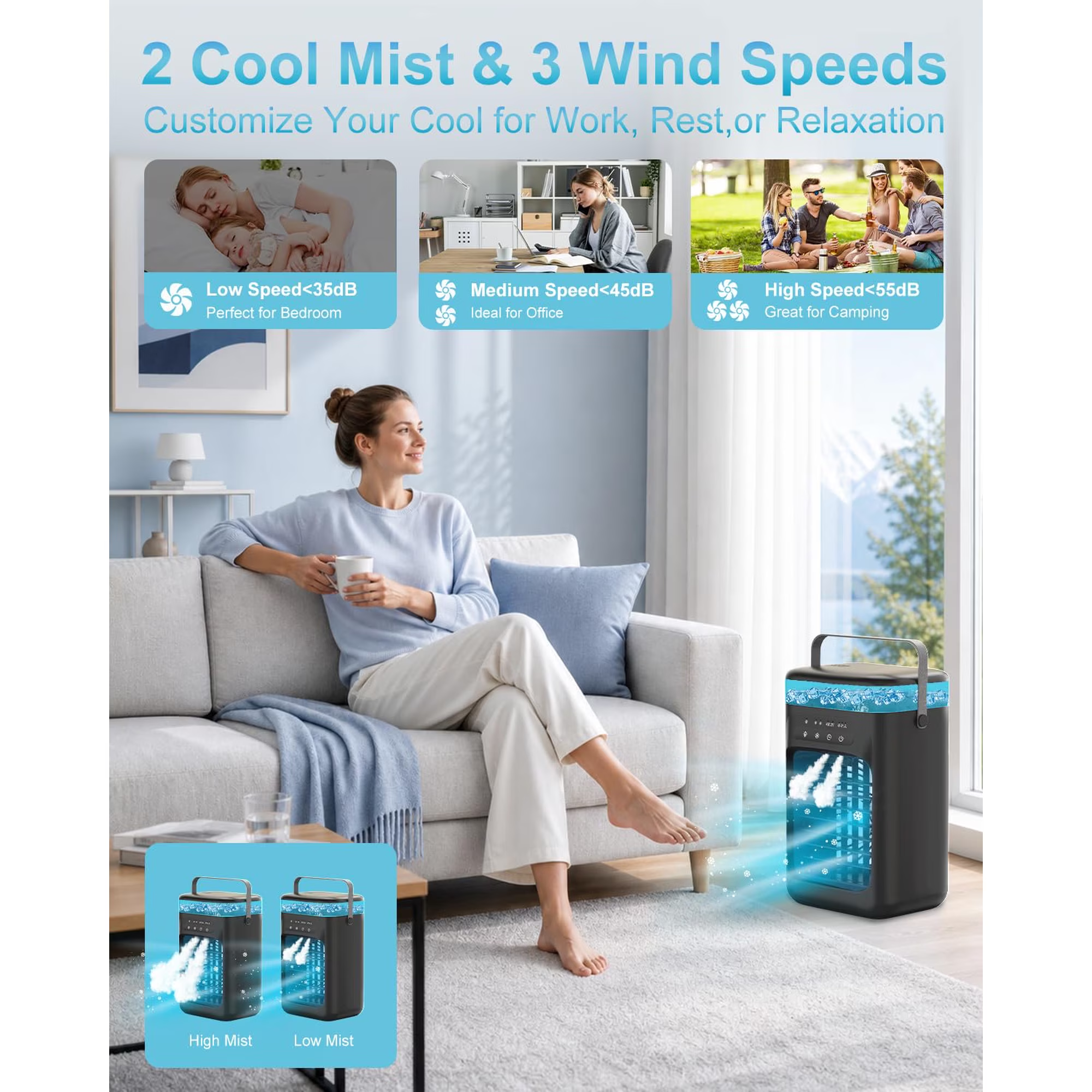 Portable 4-in-1 Evaporative Air Cooler with 3 Fan Speeds, Dual Mist Modes, LED Light and Timer – Black