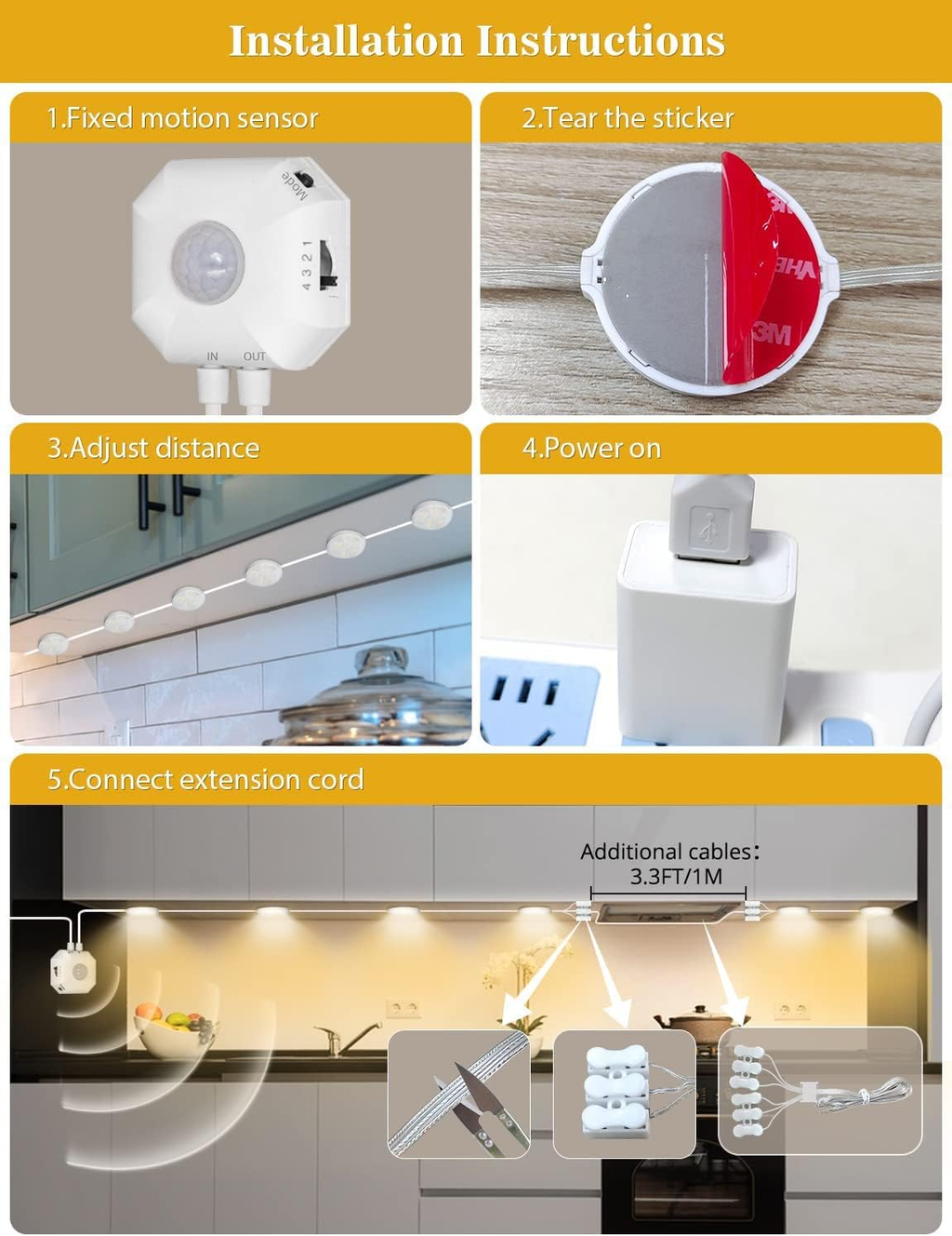 8-Pack LED Under-Cabinet Puck Lights with Motion Sensor, USB-Powered Cabinet and Closet Lighting, 3 Colour Modes, White