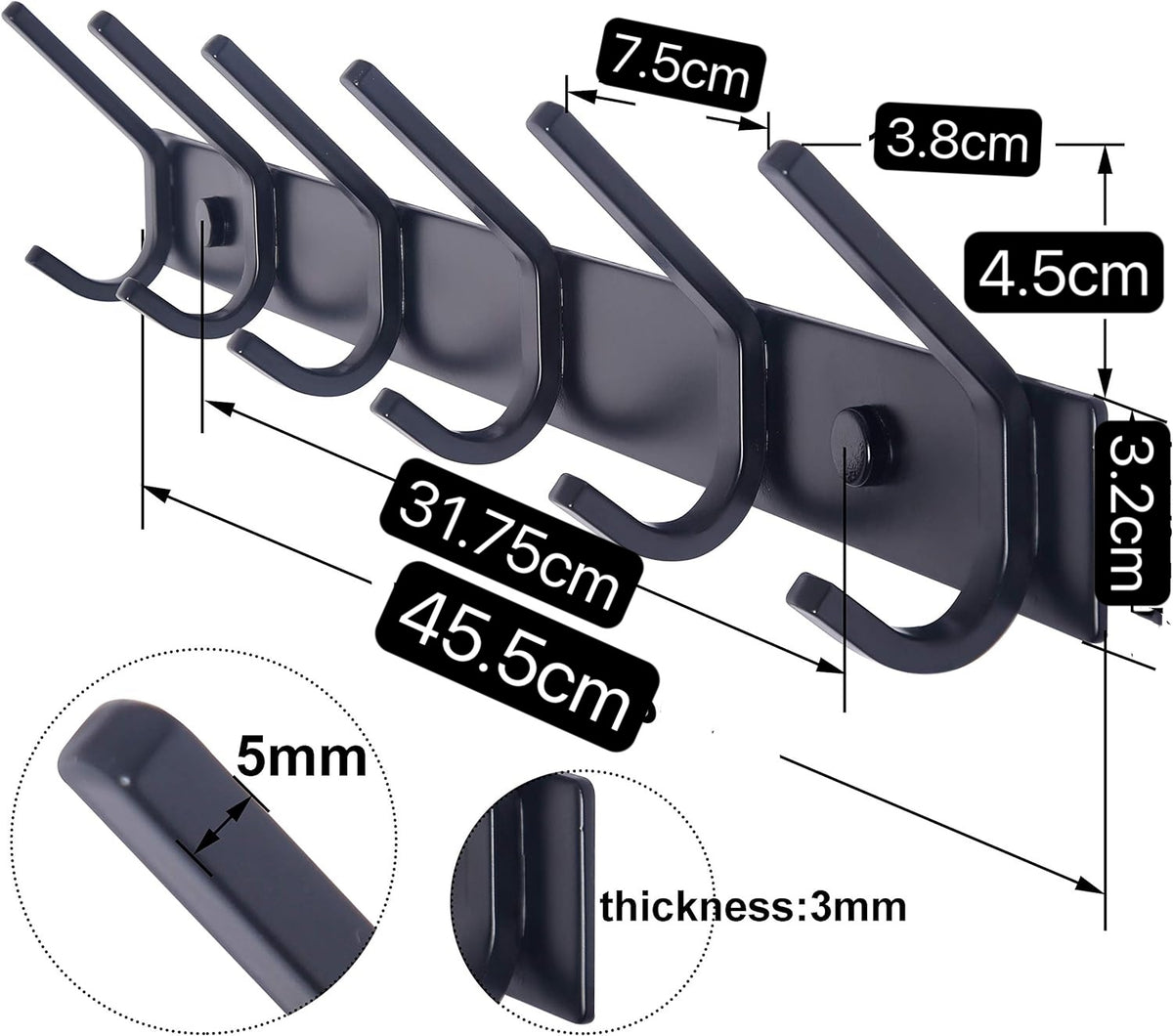 Matte Black Metal Wall Hook Rack with 6 Hooks for Entryway, Bathroom & Kitchen