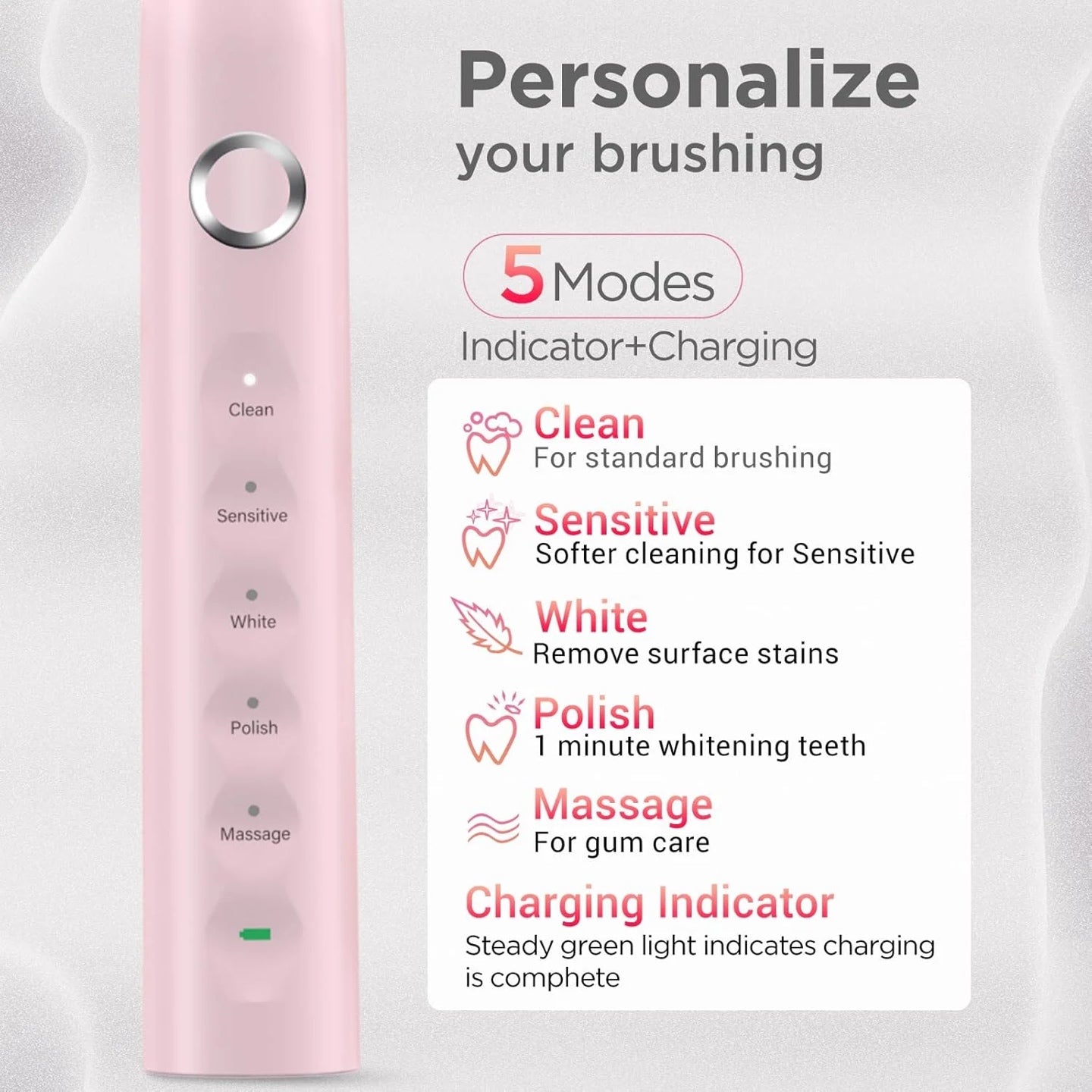 S5 Electric Toothbrush Sonic Rechargeable Toothbrush with 5 Modes 40000 Vibrations Timer Waterproof with 8 Brush Heads