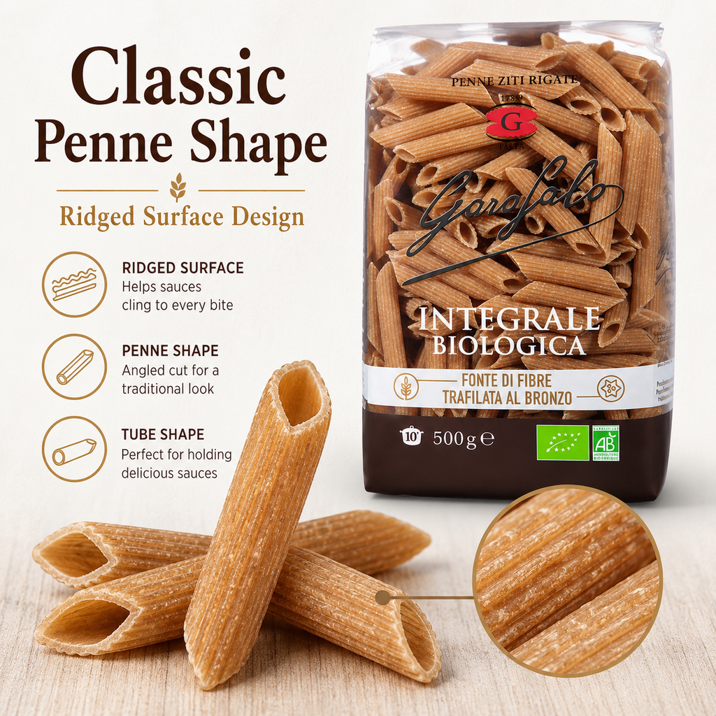 Whole Wheat Penne Rigate Pasta, Durum Wheat Semolina Pasta, Italian Style Pasta