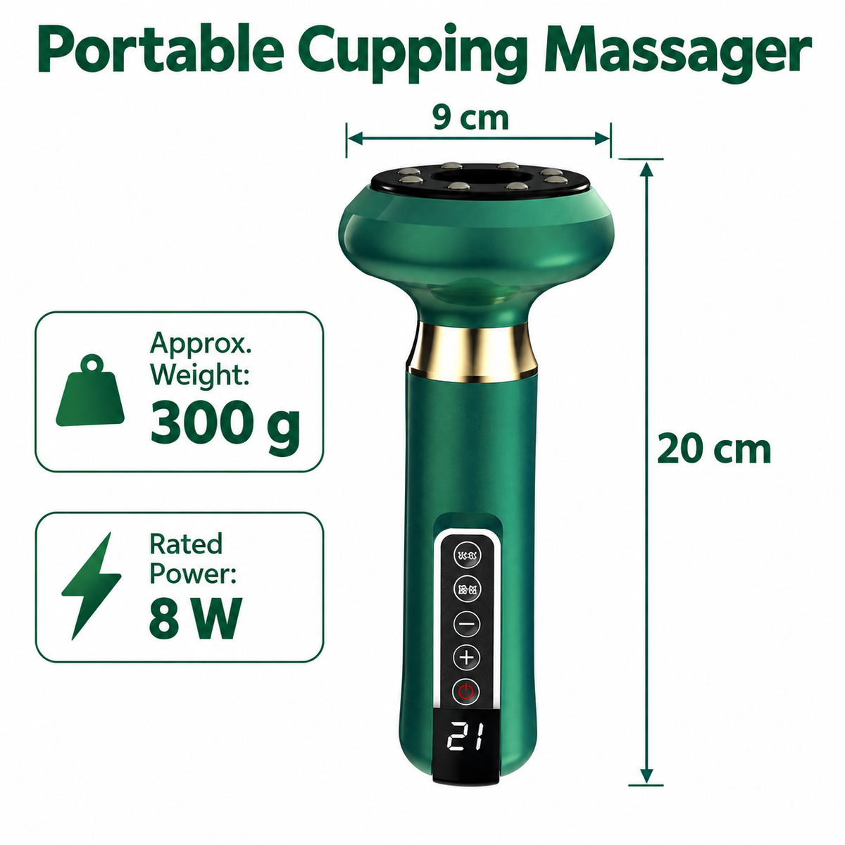 Rechargeable Electric Cupping Massager with Heat, 12 Suction Levels & 20 mL Massage Oil – Green