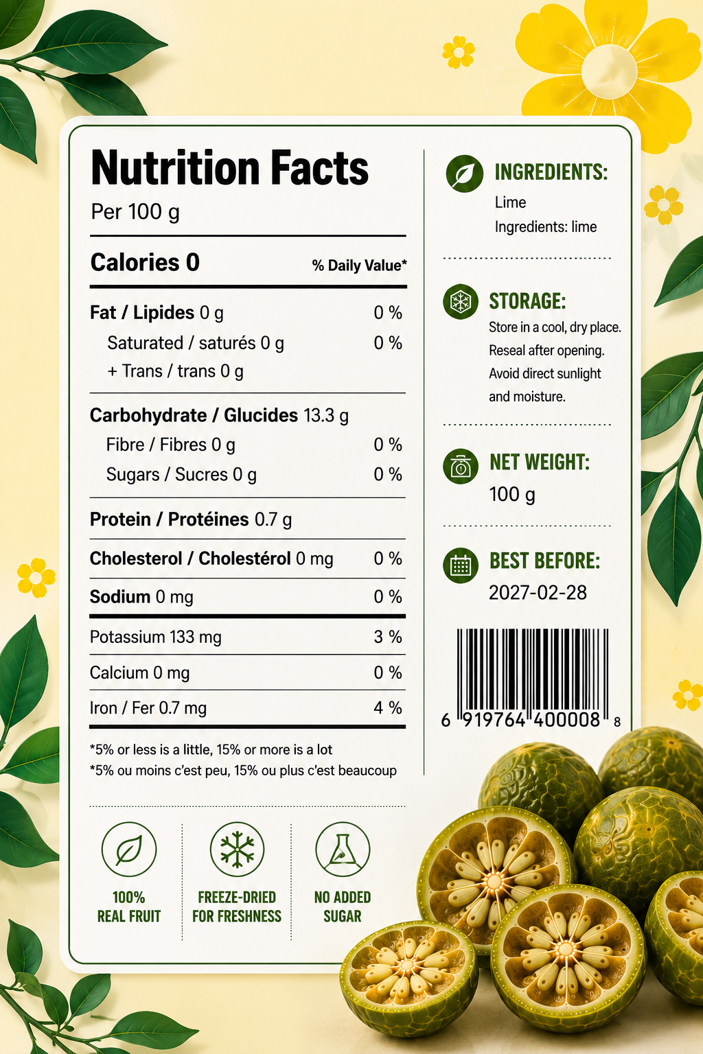 Freeze-Dried Green Kumquat | 100g Crispy Citrus Snack for Tea, Drinks & Baking