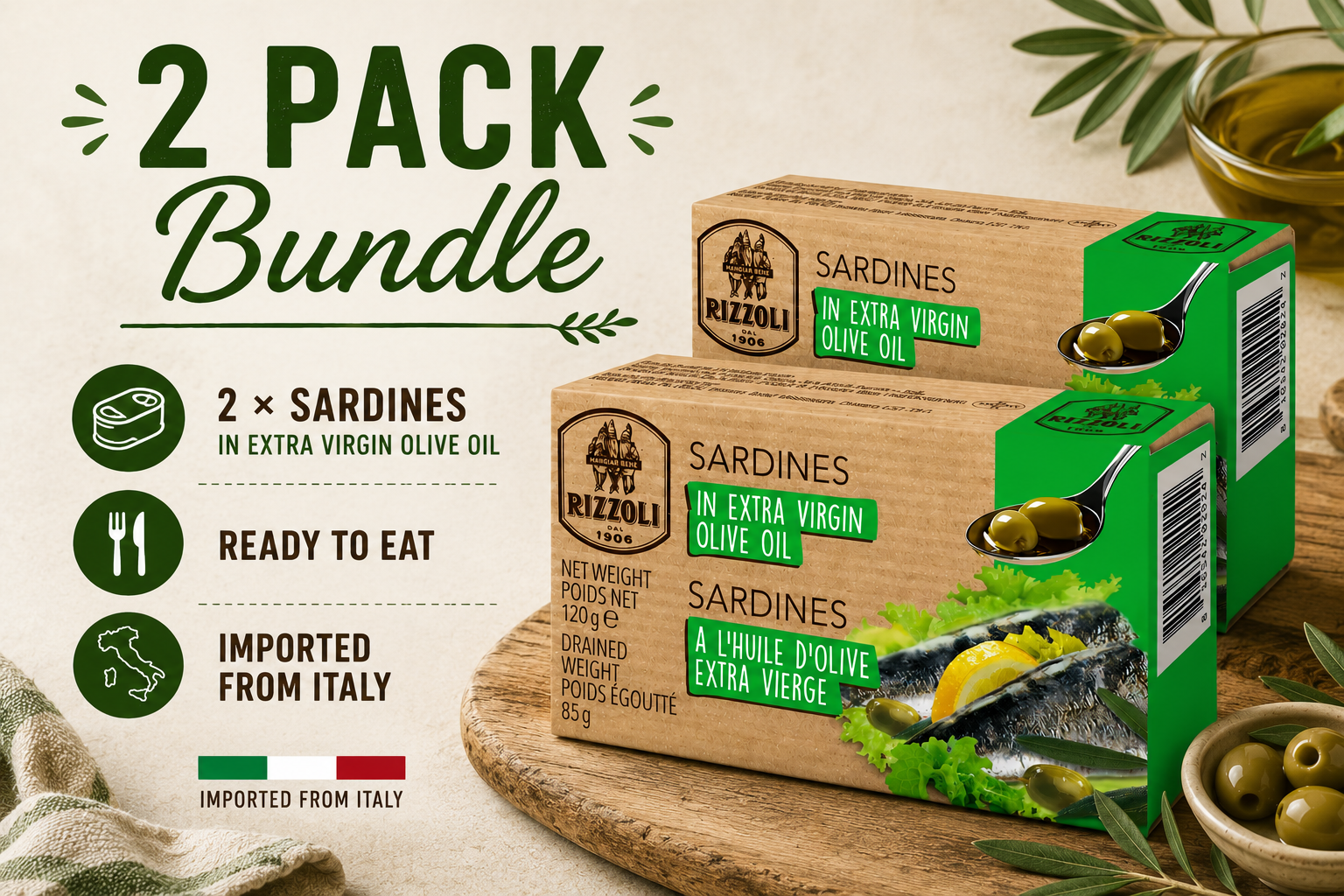 Rizzoli Sardines in Extra Virgin Olive Oil, 2-Pack Canned Sardines, Imported Italian Sardines, Ready to Eat Seafood