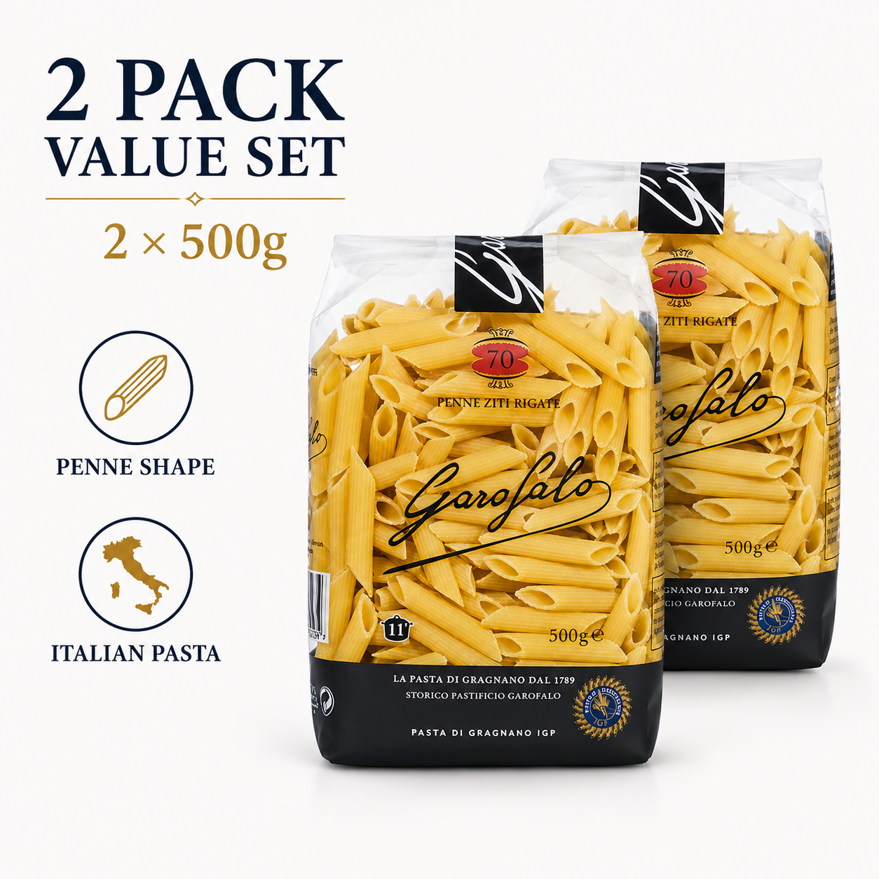 Penne Rigate Pasta, 2-Pack Durum Wheat Semolina Pasta, Italian Style Tube Pasta, 500g Each