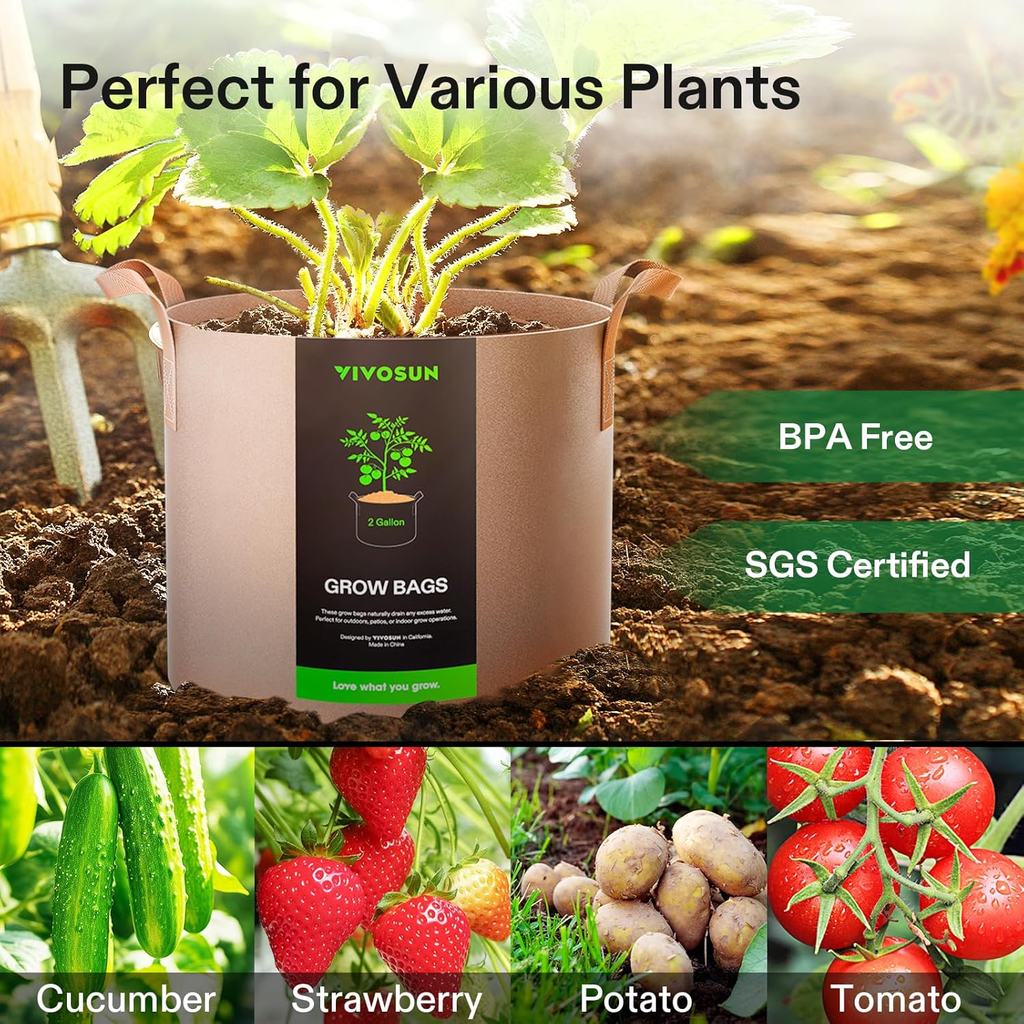 Fabric Grow Bags with Handles, Thickened Breathable Plant Pots, Nonwoven Garden Planters for Vegetables, Flowers, Indoor & Outdoor Gardening