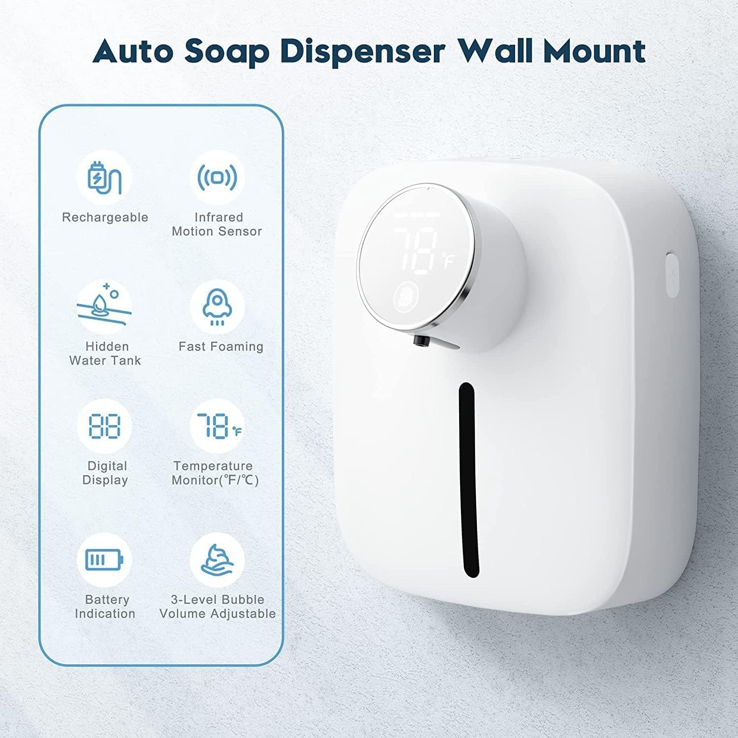 Automatic Foaming Soap Dispenser Wall Mounted – Touchless Sensor Soap Dispenser with Temperature Display, 3-Level Foam Control, USB Rechargeable (320ml)