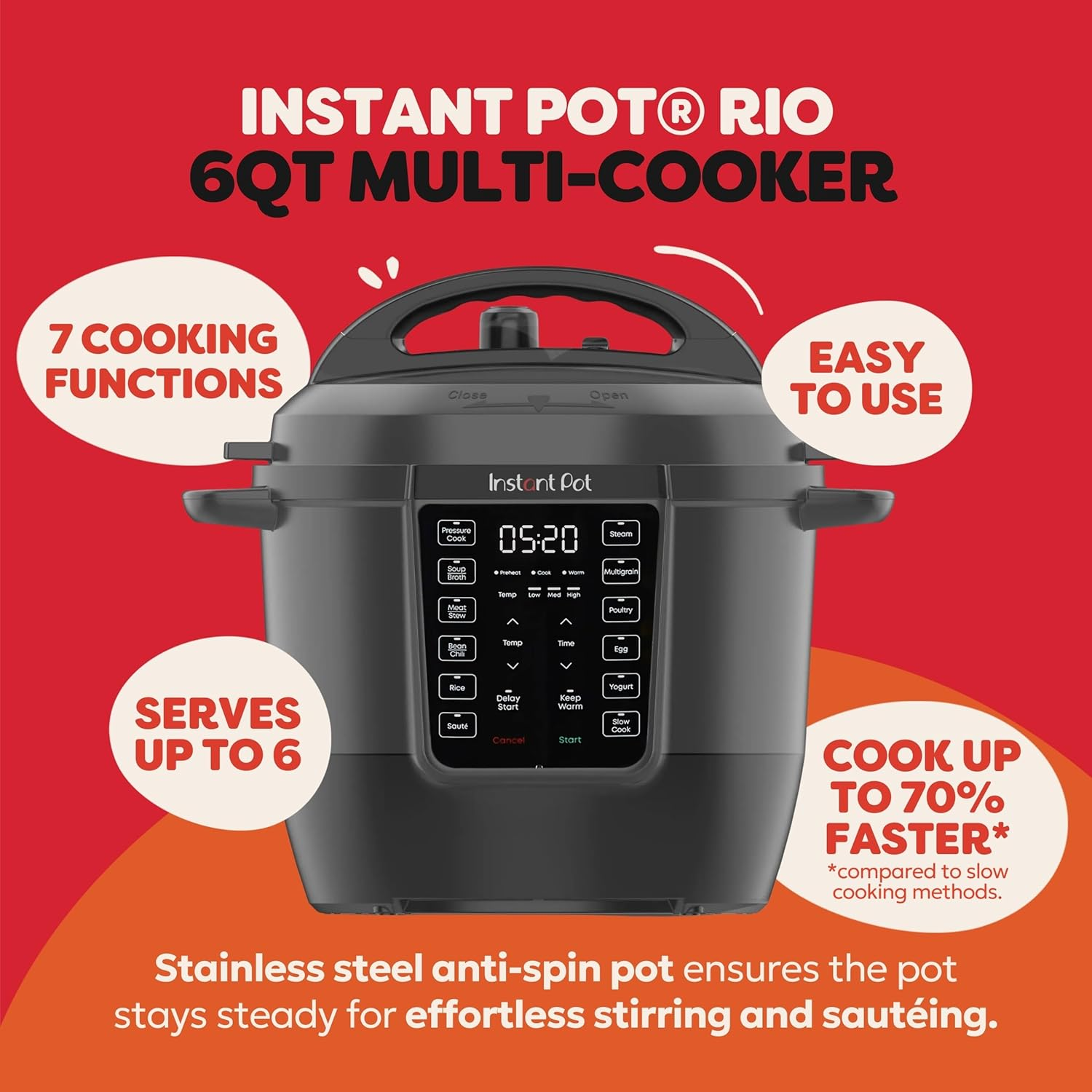 Instant Pot RIO 7-in-1 Electric Multi-Cooker, 6 Quart Pressure Cooker, Slow Cooker, Rice Cooker, Steamer, Sauté and Yogurt Maker, Black