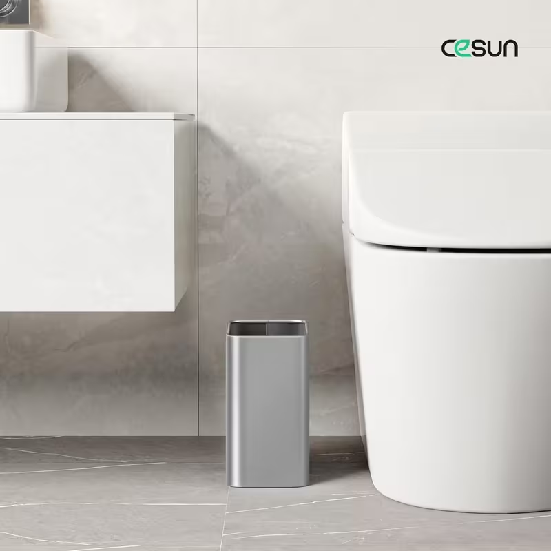 Modern Stainless Steel Bathroom Trash Can – Small Metal Waste Basket for Bedroom, Office, Kitchen (Silver / White)
