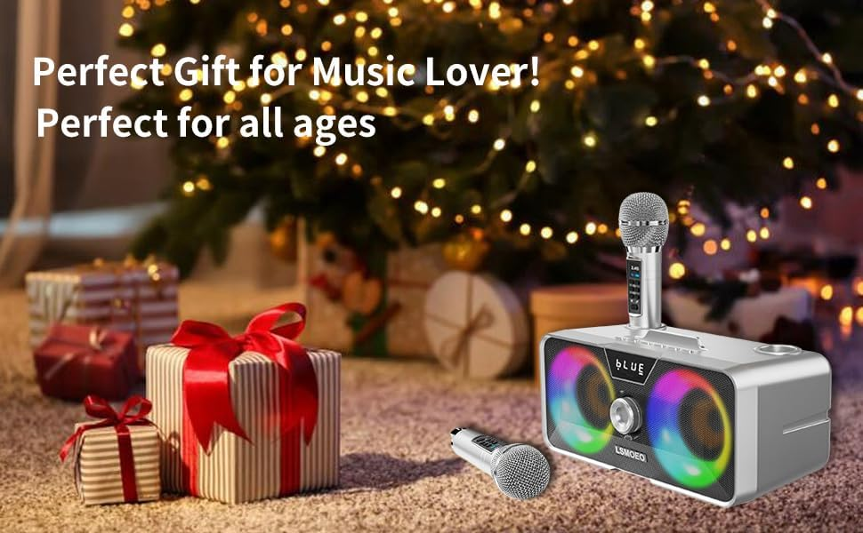 Portable Bluetooth Karaoke Machine with 2 UHF Wireless Microphones, LED Party Lights and Phone Holder – Grey