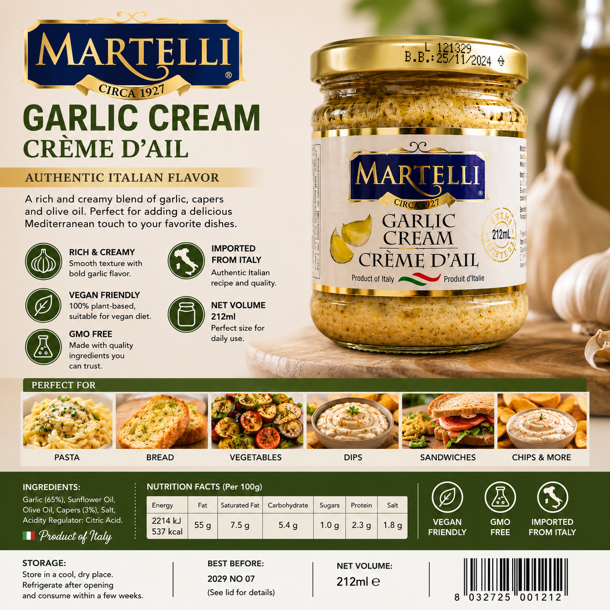 Martelli Italian Garlic Cream Spread – 212ml Vegan Garlic Sauce & Dip for Bread Pasta and Vegetables 2 Pack