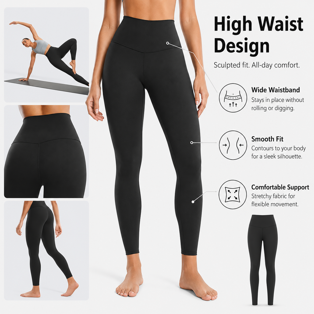 Women’s High-Waisted Full-Length Yoga Leggings, Stretchy Nylon Spandex Workout Pants, Black, Sizes XS–S