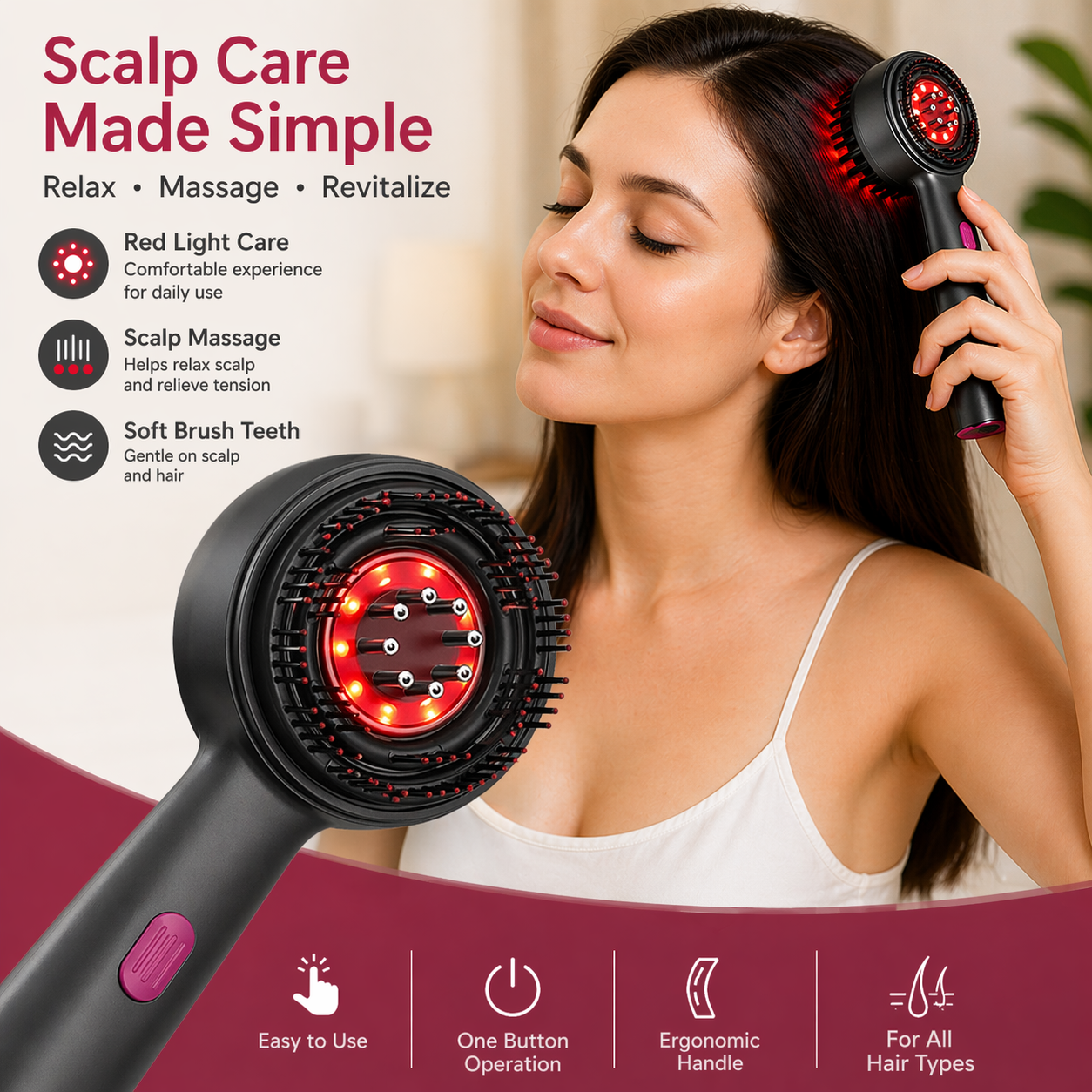 Neighbor Buy Rechargeable Scalp Massage Comb with 6mL Liquid Applicator, 630nm Red Light & 3 Massage Modes - Red