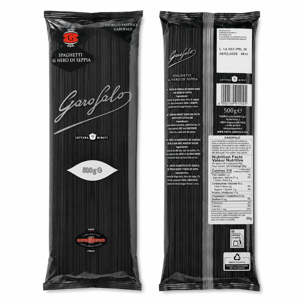 Garofalo Cuttlefish Ink Spaghetti, Black Durum Wheat Semolina Pasta, 2 x 500g Pack