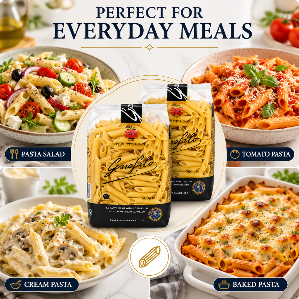 Penne Rigate Pasta, 2-Pack Durum Wheat Semolina Pasta, Italian Style Tube Pasta, 500g Each
