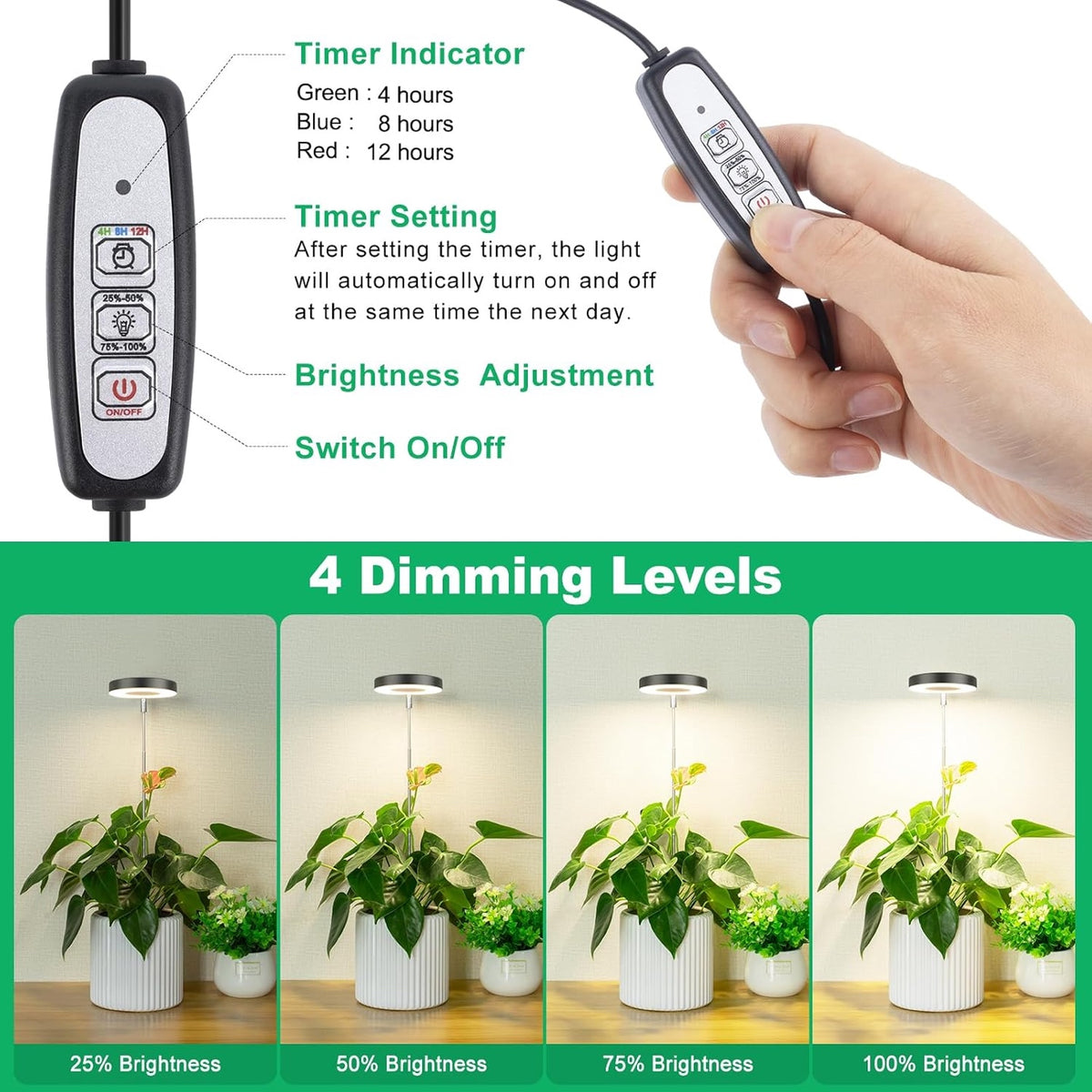 Lordem Adjustable LED Grow Light for Indoor Plants, 3 Colour Modes & Timer – Single or 2-Pack