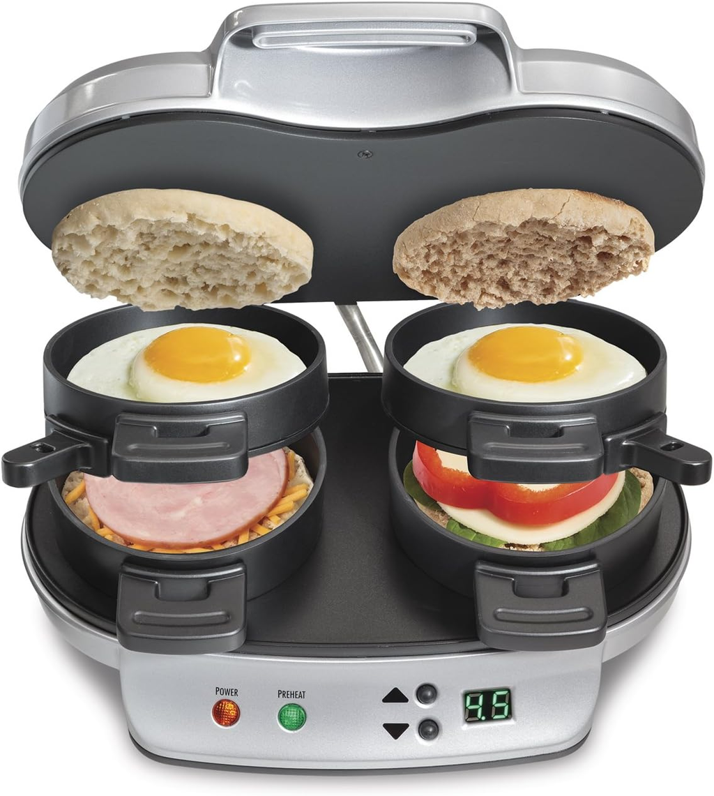Open Box - Excellent | Hamilton Beach Dual Breakfast Sandwich Maker with Timer, Dual Cooking, Non-Stick Plates, Dishwasher Safe Parts, Silver