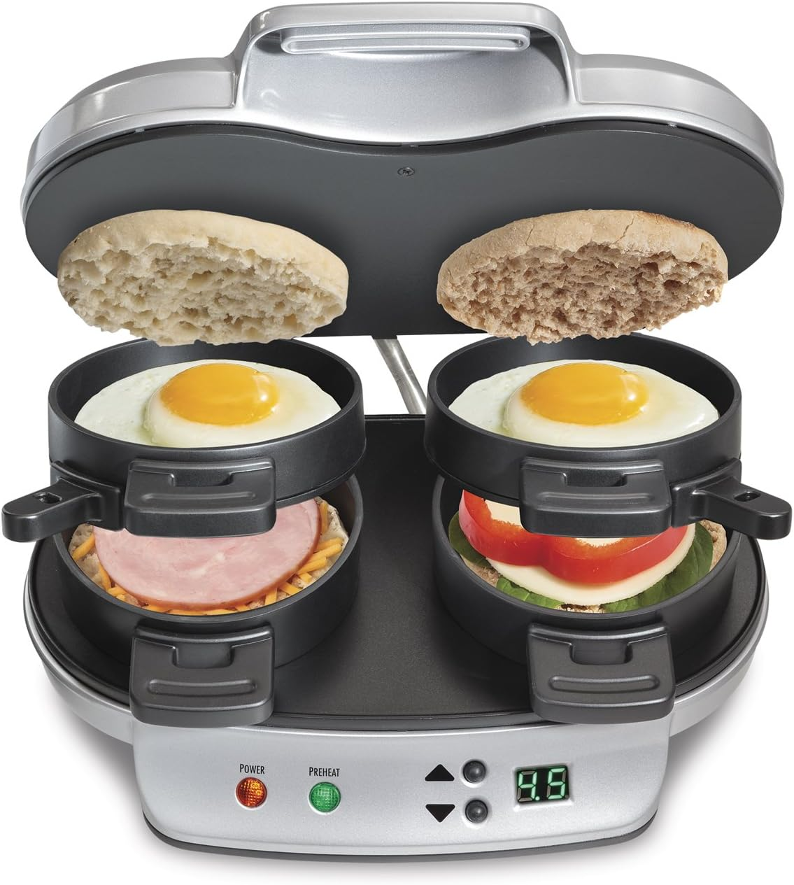 Open Box - Excellent | Hamilton Beach Dual Breakfast Sandwich Maker with Timer, Dual Cooking, Non-Stick Plates, Dishwasher Safe Parts, Silver