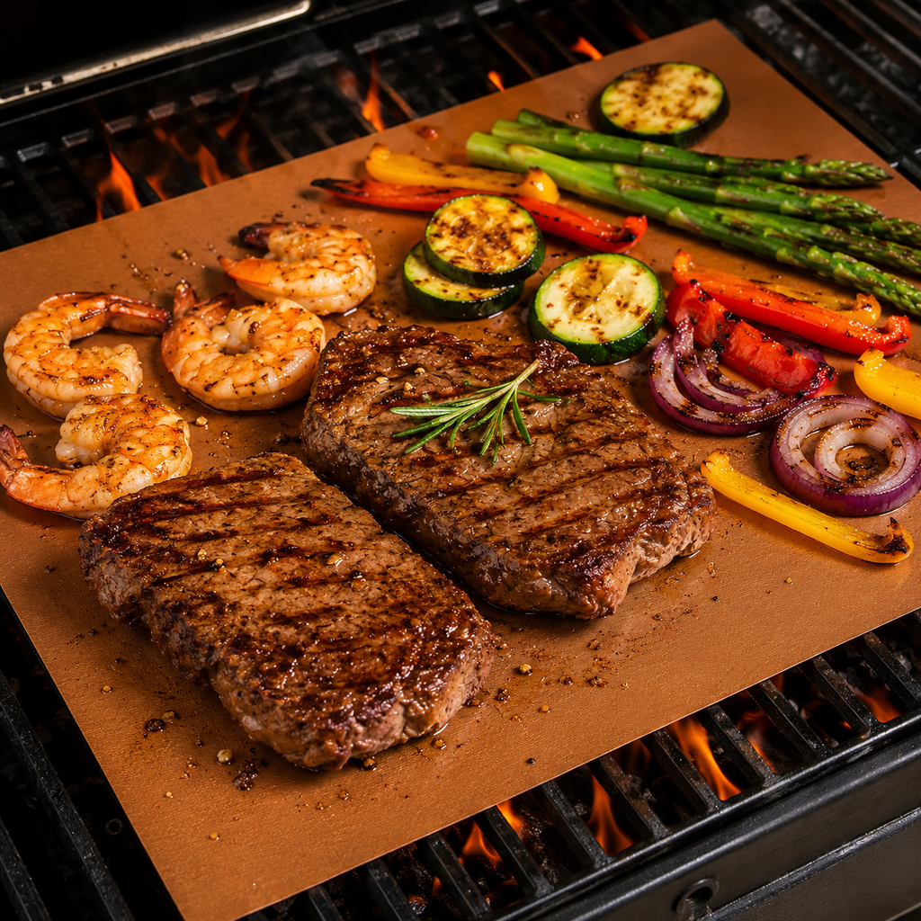 2PCS 15.75×13in Reusable Non-Stick Grill Mats, Heat Resistant BBQ & Baking Cooking Sheets, Easy Clean Copper Grill Mat
