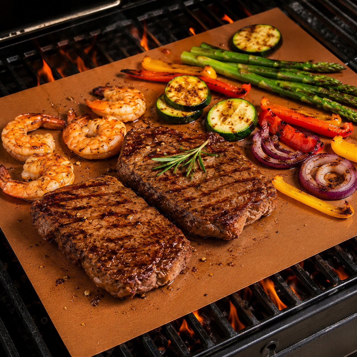2PCS 15.75×13in Reusable Non-Stick Grill Mats, Heat Resistant BBQ & Baking Cooking Sheets, Easy Clean Copper Grill Mat