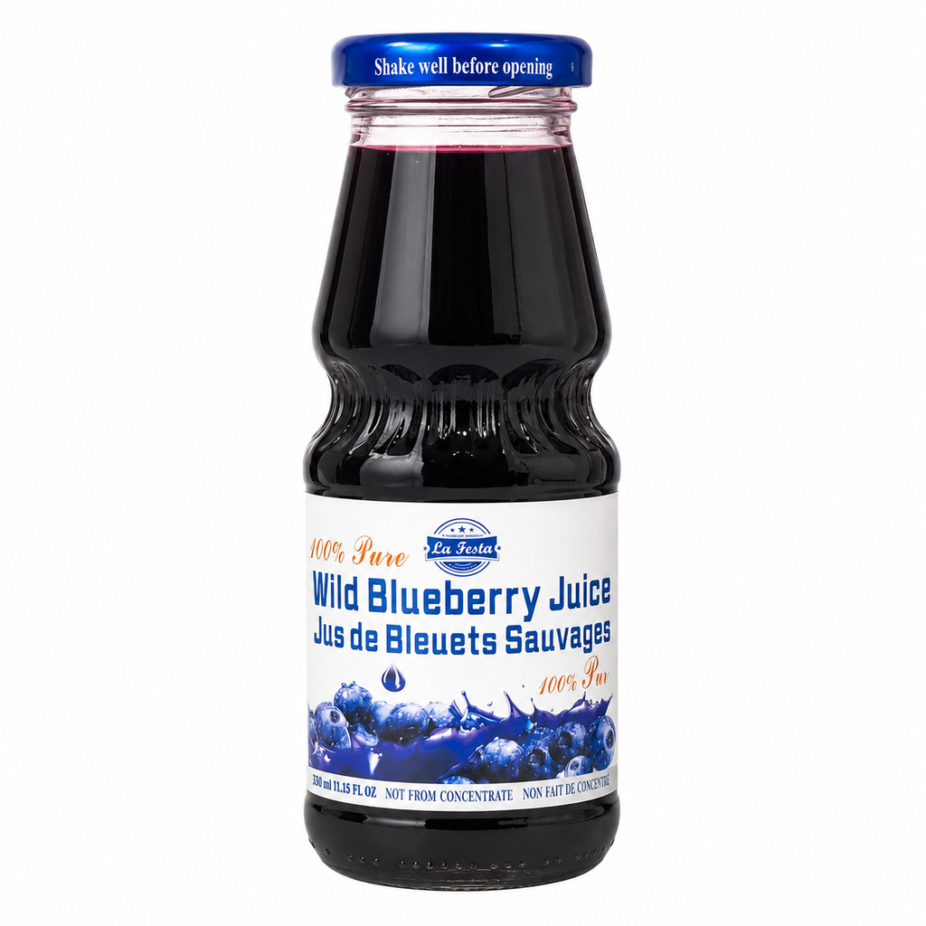 La Festa Wild Blueberry Juice, Not From Concentrate, No Preservatives, Additives or Water Added, 330 mL Glass Bottle