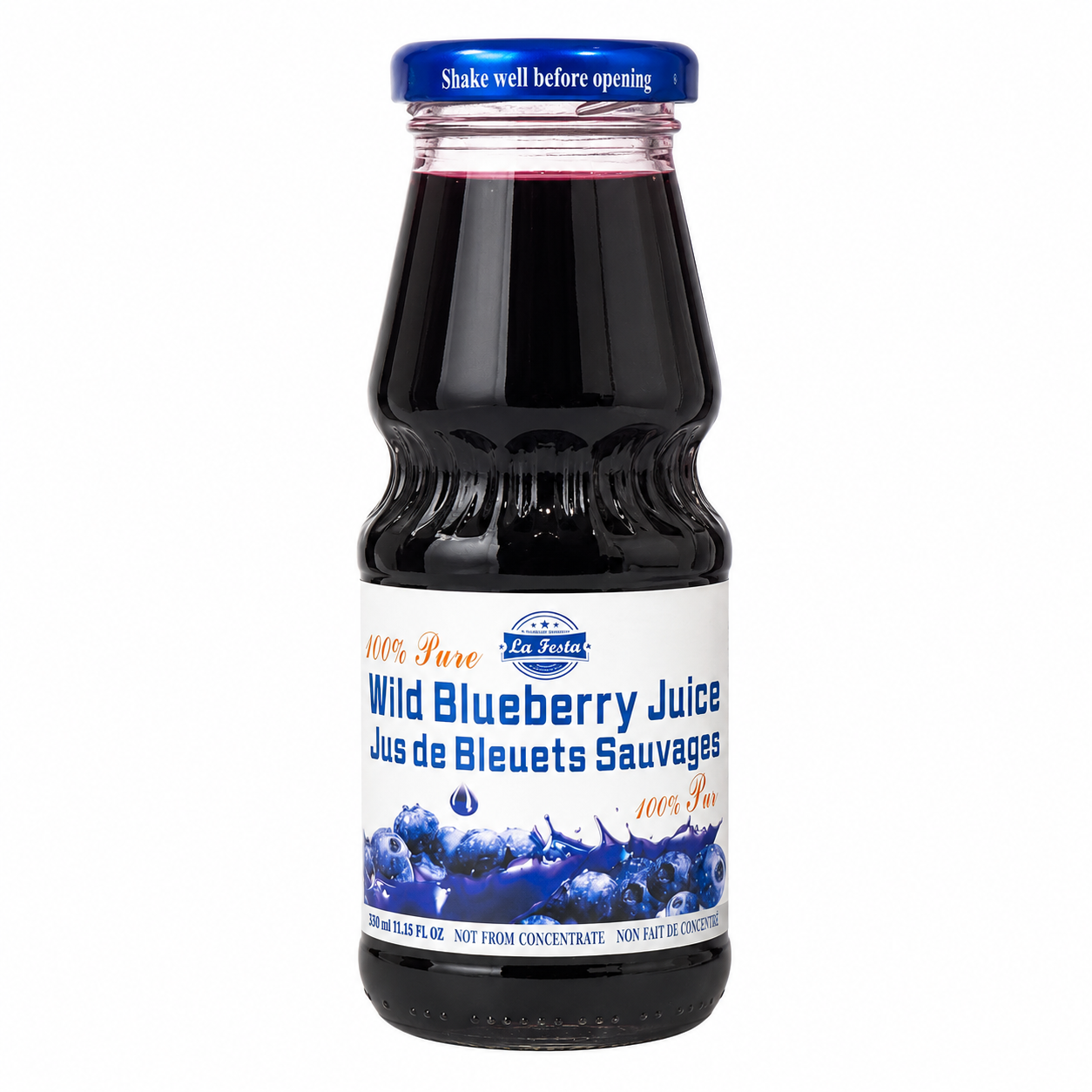 La Festa Wild Blueberry Juice, Not From Concentrate, No Preservatives, Additives or Water Added, 330 mL Glass Bottle