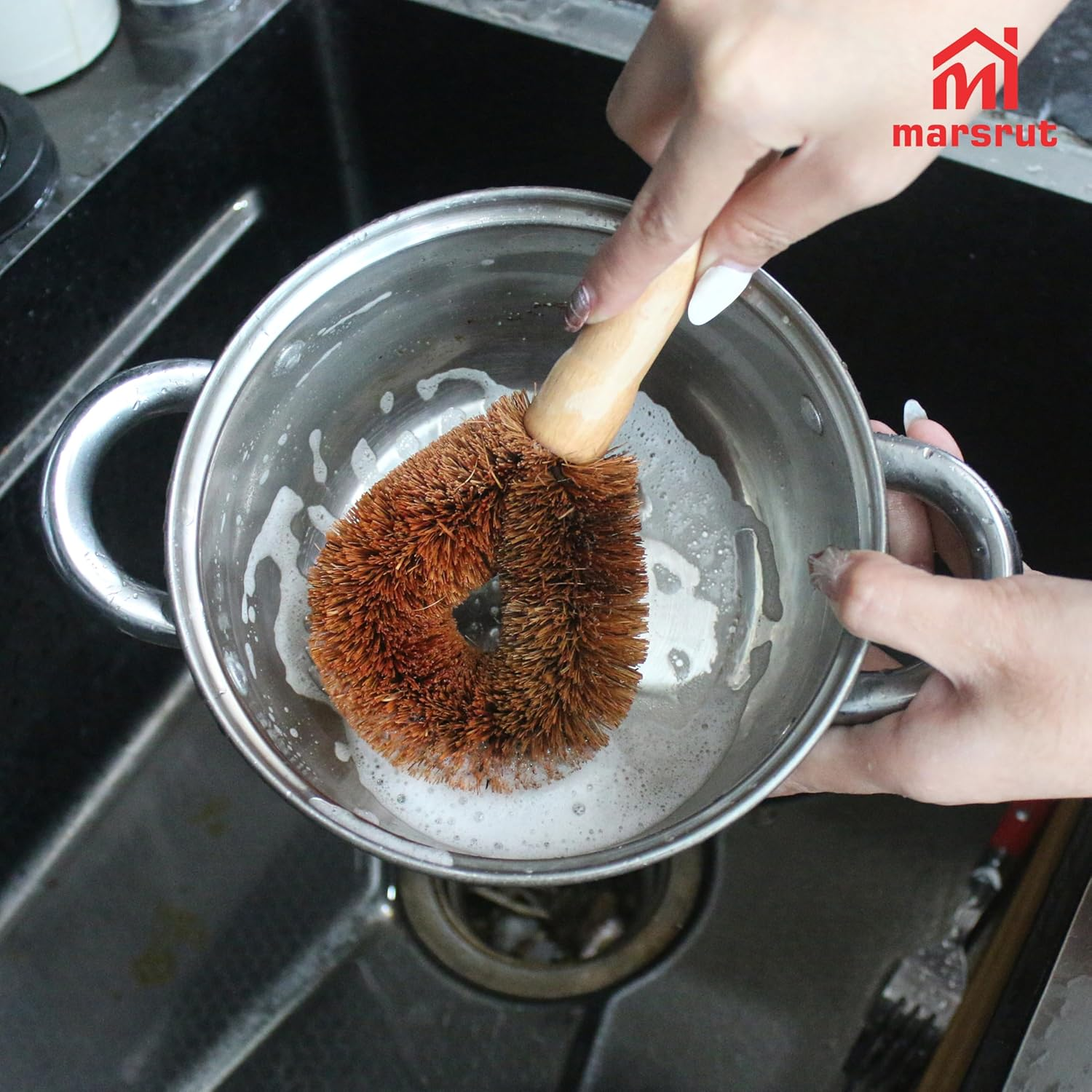 2Pcs Coconut Brush Fiber Bottle Wooden Cleaning Brush, Scrub Head for Deep Pan Cleaning Washing, Sturdy Natural Eco-Friendly Handle Holder, Bristle Scrubber for Kitchen Dishes Vegetable, Dark Brown