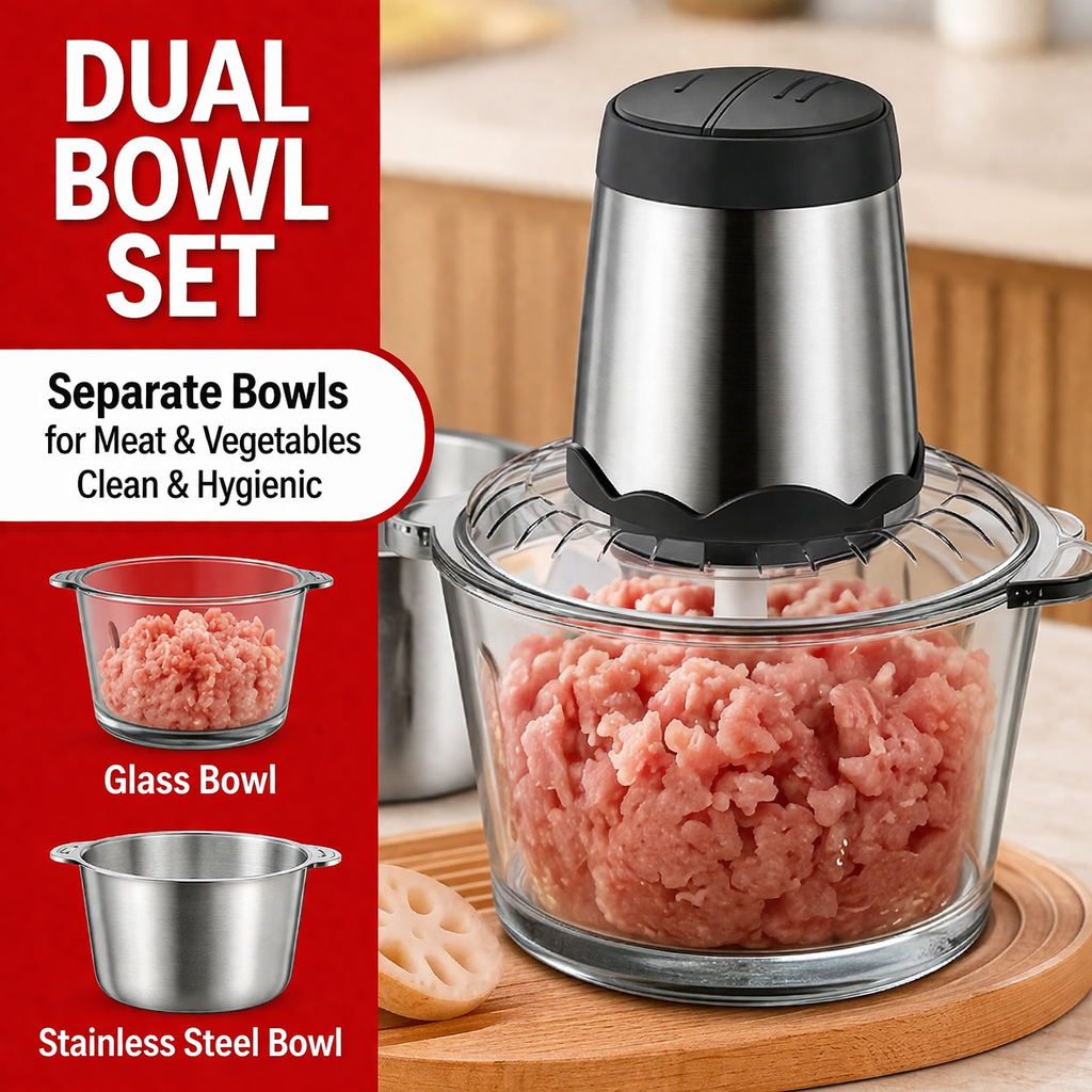 3L Electric Meat Grinder & Food Processor, 12-Cup Large Capacity Dual Bowl Meat Chopper, 300W Pure Copper Motor, Stainless Steel & Glass Bowls, 2-Speed Kitchen Food Processor for Meat, Vegetables & Baby Food