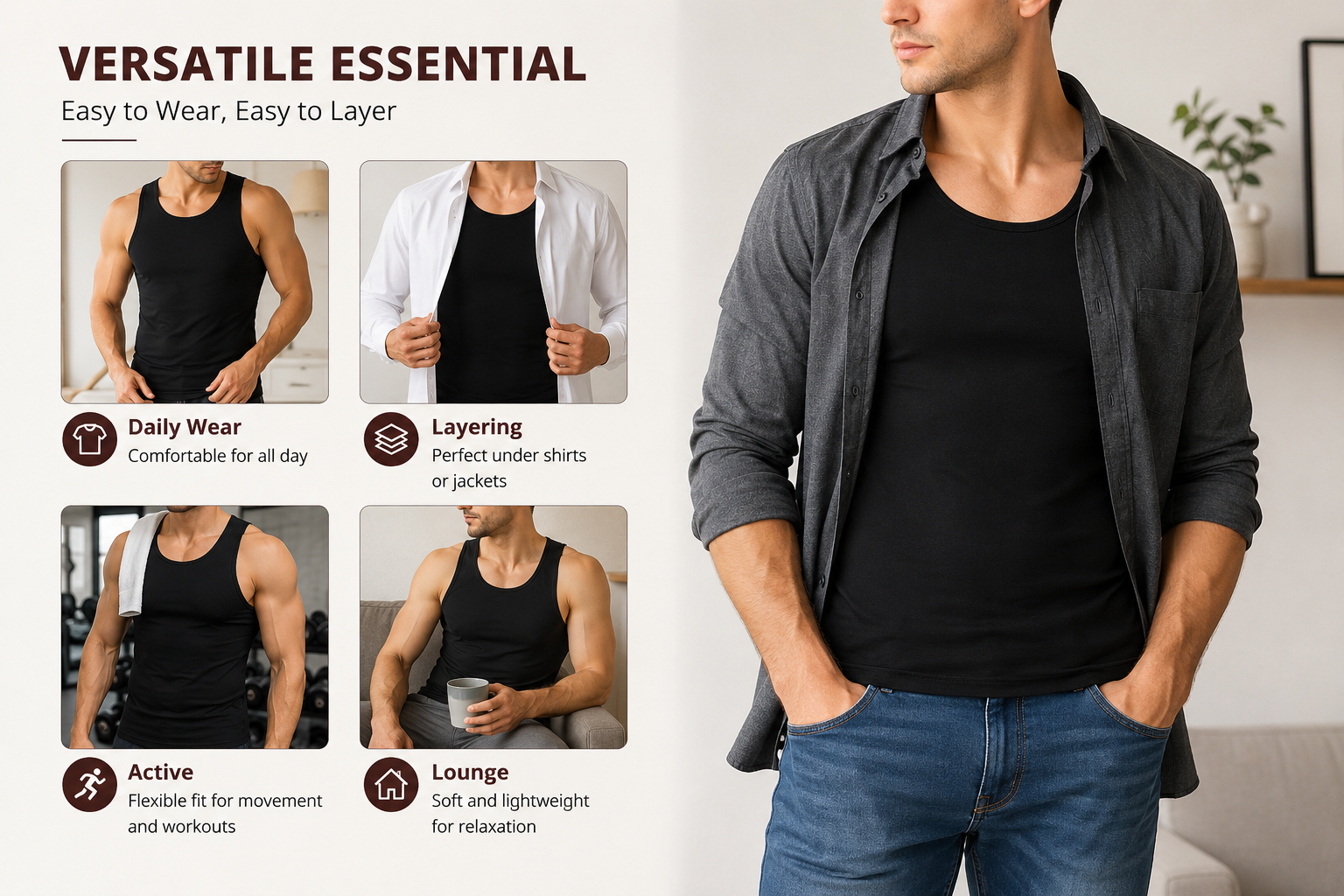 Men’s Pro Stretch Sleeveless Tank Top, Soft Fitted Cotton Undershirt, Black, Sizes S–L
