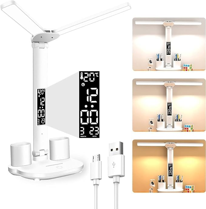 LAVI Rechargeable lamp with Dual Tumbler Clock with Temperature & Date Double Lamp Heads Phone Stand Function 2000 mAh Battery for Study/Office Work