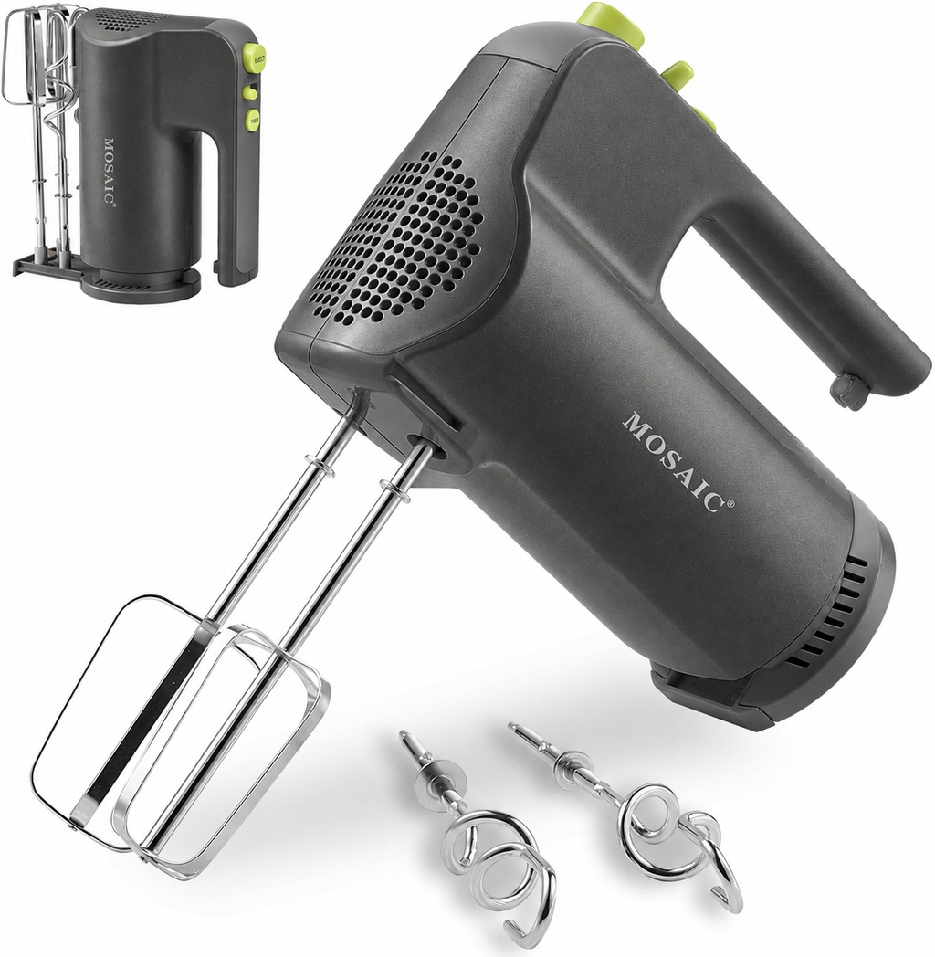 MOSAIC Electric Hand Mixer, 5 Speeds with Turbo, Beaters & Dough Hooks – Grey