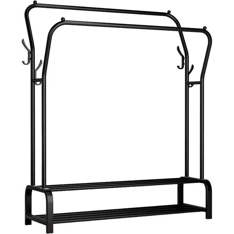 Double Rod Garment Rack with Shelf – Heavy Duty Freestanding Clothing Rack with Shoe Storage & Hooks for Bedroom, Entryway & Closet Organization