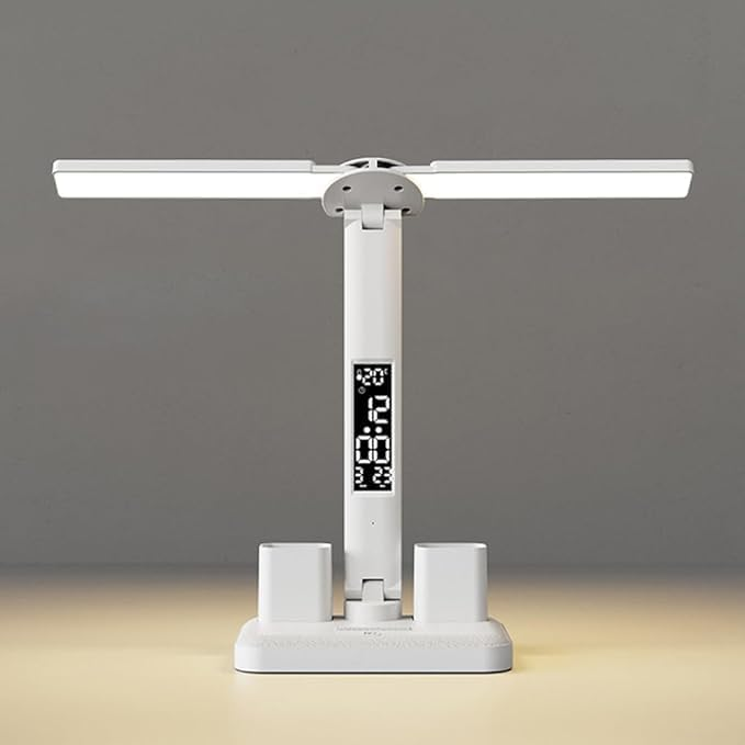 LAVI Rechargeable lamp with Dual Tumbler Clock with Temperature & Date Double Lamp Heads Phone Stand Function 2000 mAh Battery for Study/Office Work