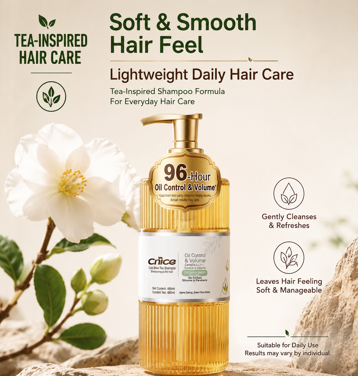 Tea Infused Shampoo for Daily Hair Care, Lightweight Formula for Soft and Refreshed Hair, 480ml