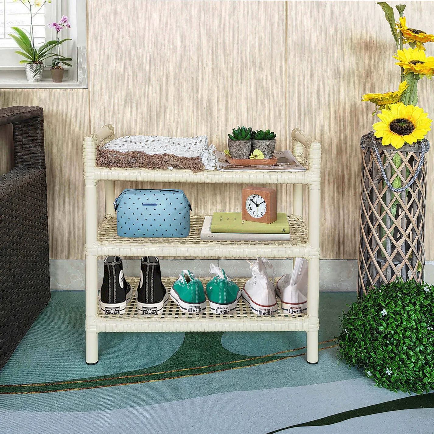 3-Tier Rattan Style HDPE Storage Shelf – Indoor & Outdoor Organizer (21.5" × 12" × 20.6")