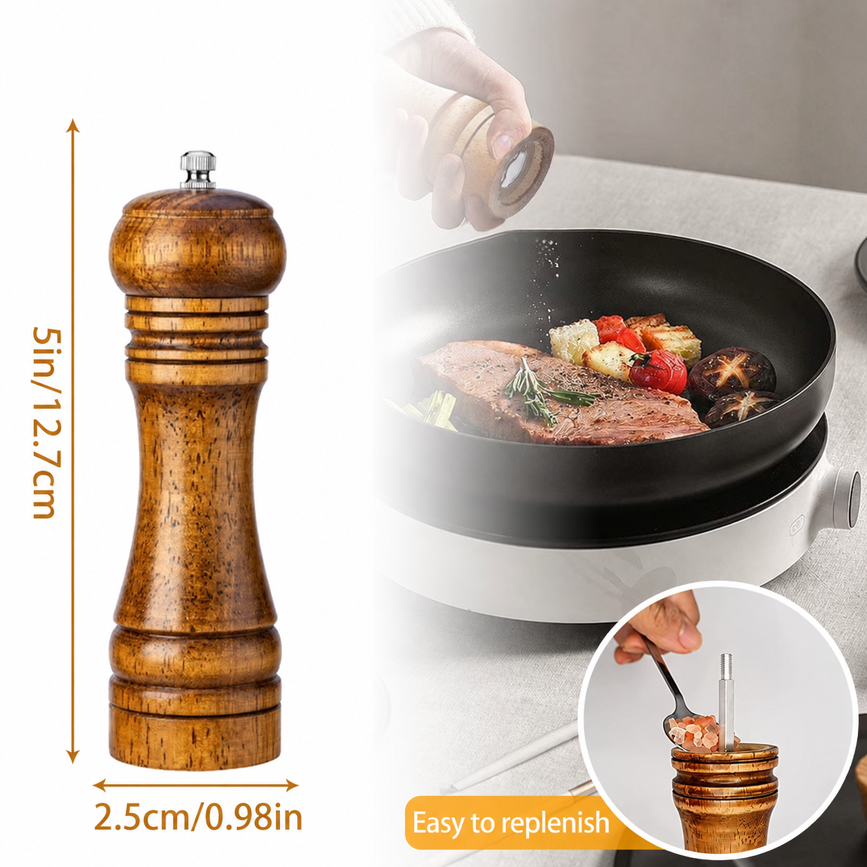 Wood Pepper Mill Grinder Adjustable Ceramic Core Salt & Pepper Grinder Refillable Oak Wood Mill 5in8in10in