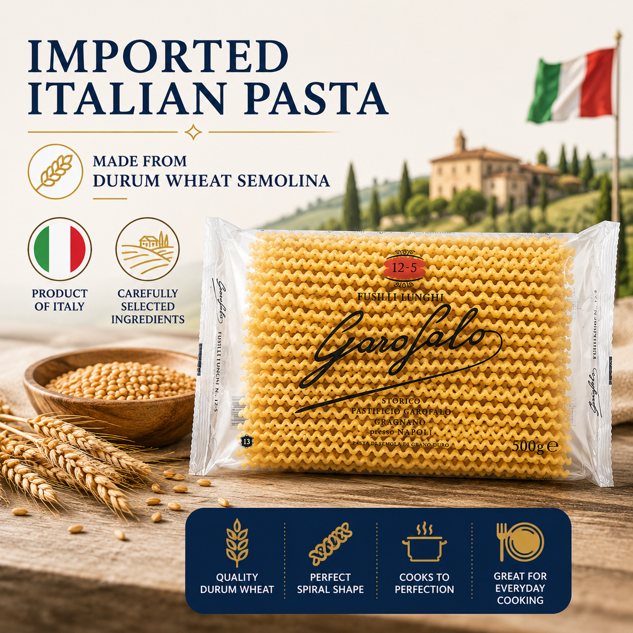 Fusilli Lunghi Pasta, 2-Pack Durum Wheat Semolina Pasta, Spiral Pasta, 500g Each