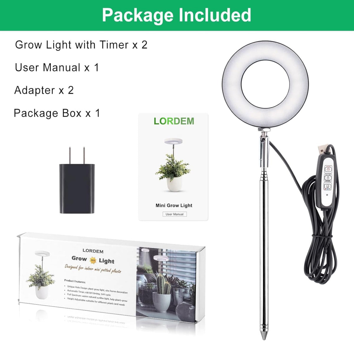 Lordem Adjustable LED Grow Light for Indoor Plants, 3 Colour Modes & Timer – Single or 2-Pack