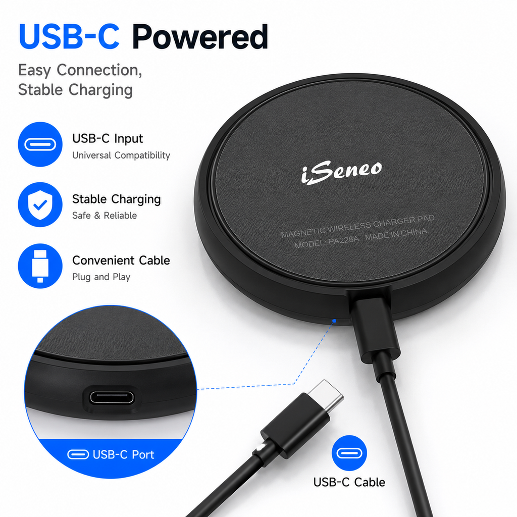 iSeneo WaveCharger 228 Magnetic Wireless Charger Pad with USB-C Cable, 15W Max Fast Charging, Black