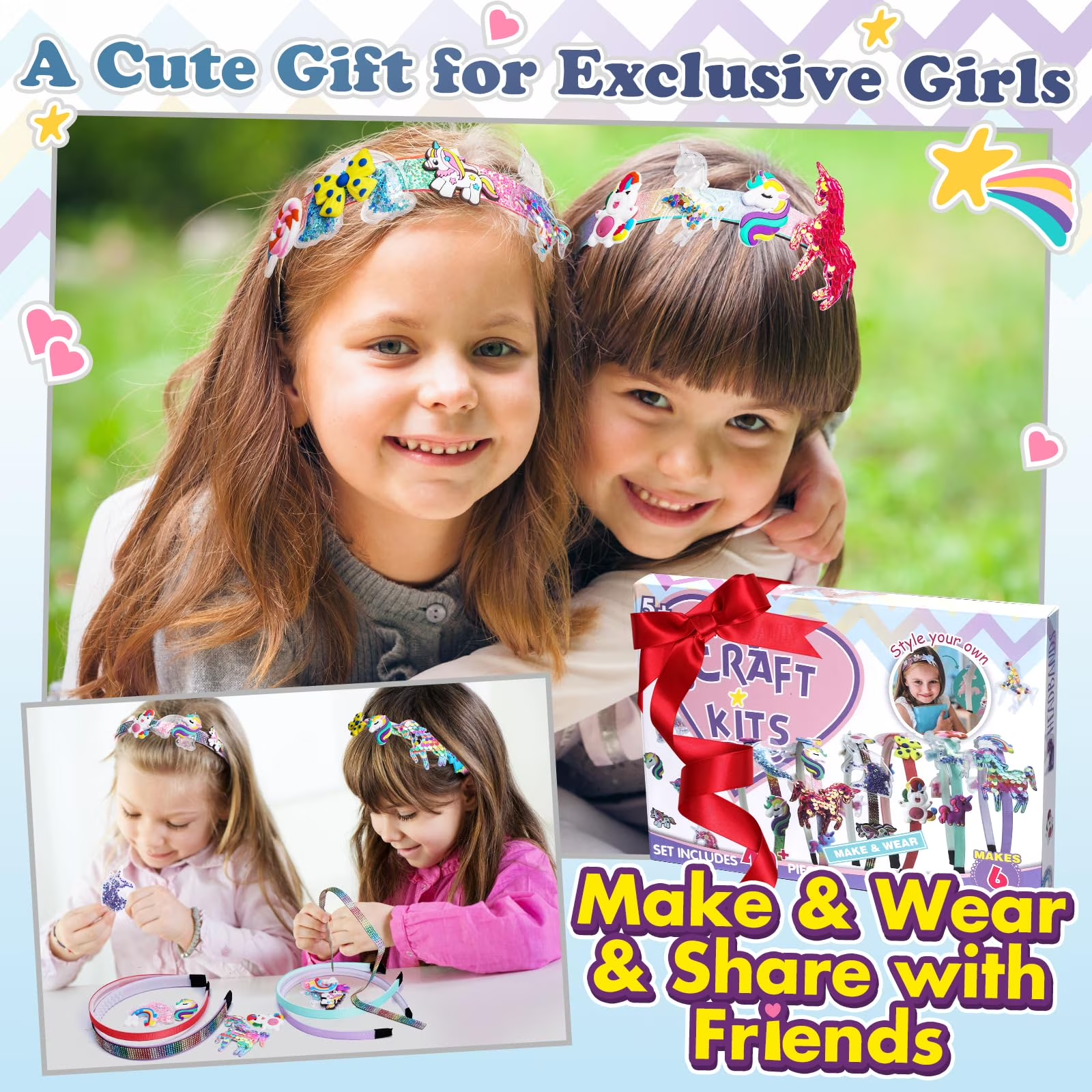 DIY Unicorn Headband Craft Kit for Girls, Kids Hair Accessories Making Set, 40PCS Creative Arts & Crafts Kit, Birthday Gift for Girls Ages 5-12