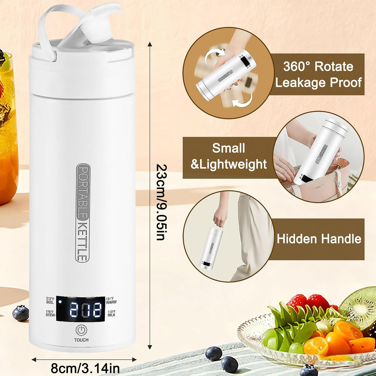 400ml Portable Electric Travel Kettle with 4 Temperature Settings and Digital Display – White