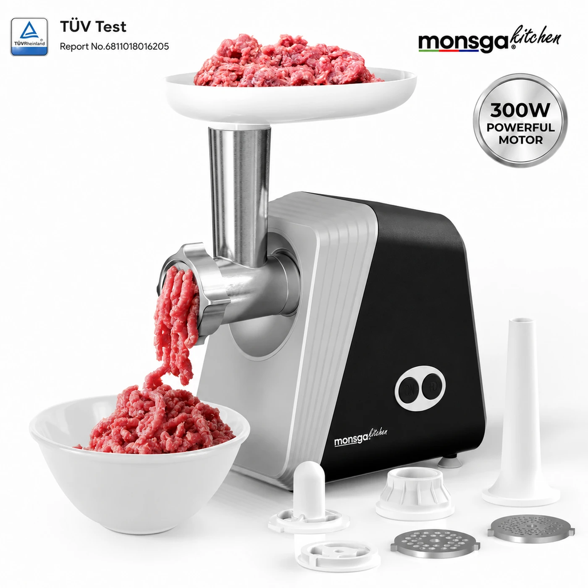 MONSGA G100 Electric Meat Grinder, 300W Rated / 1200W Max, with 3 Grinding Plates, Sausage, Kibbe & Cookie Attachments