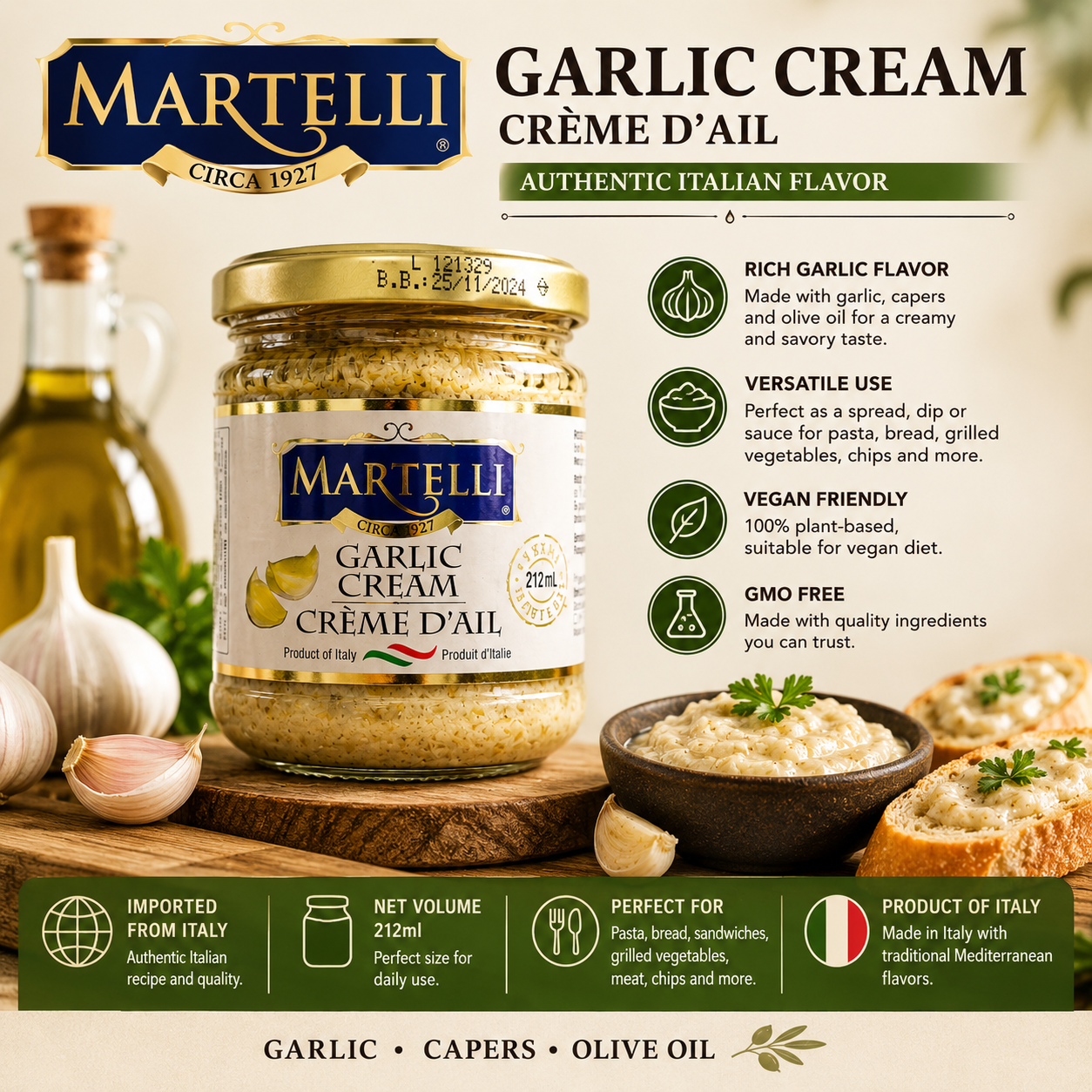 Martelli Italian Garlic Cream Spread – 212ml Vegan Garlic Sauce & Dip for Bread Pasta and Vegetables 2 Pack