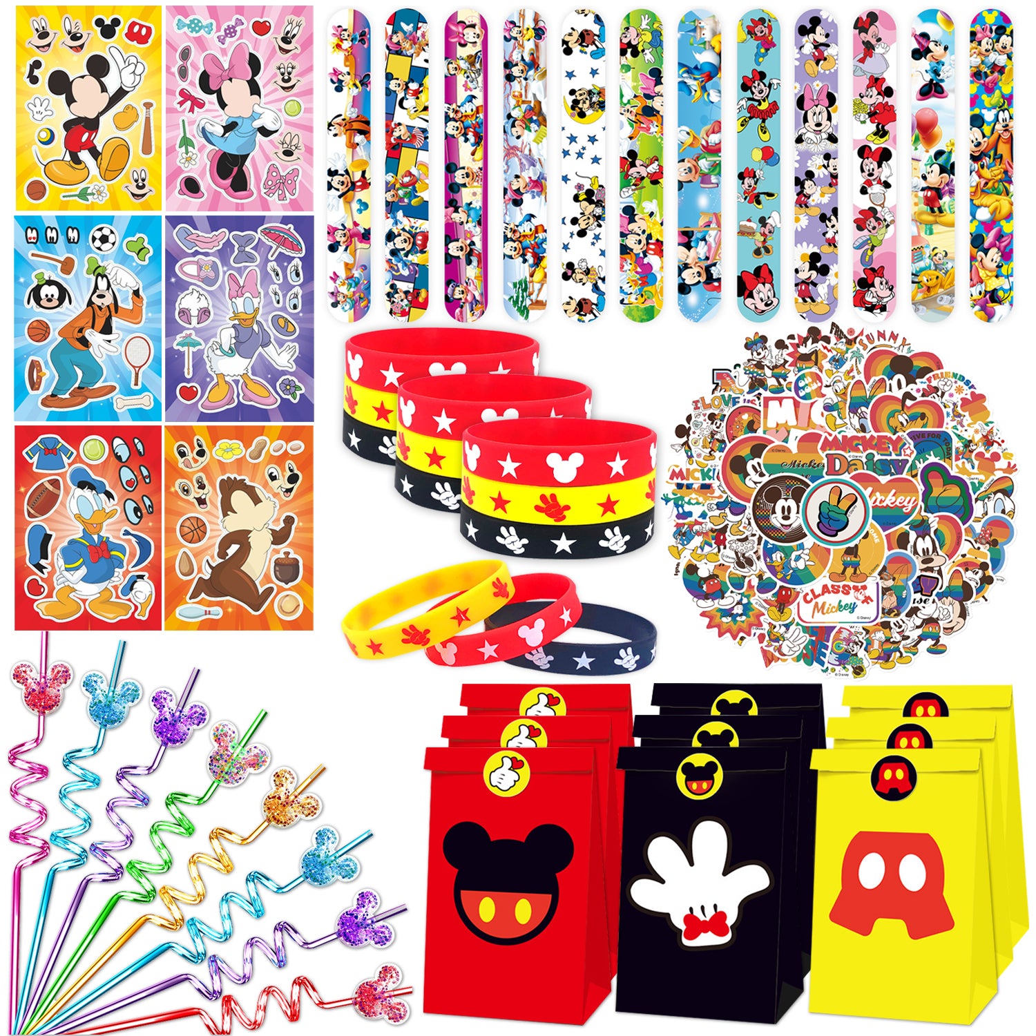 Cartoon Mouse Theme Party Decorations Set – Kids Birthday Supplies with Stickers, Slap Bracelets, Gift Bags & Colorful Accessories
