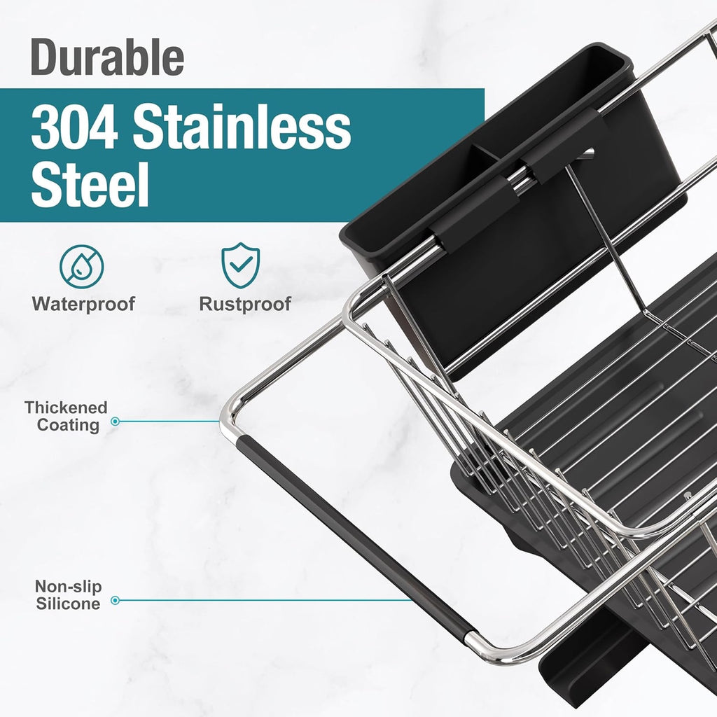 Adjustable Sink Dish Drying Rack – Over Sink & Countertop Dish Drainer with Automatic Drainage for Kitchen