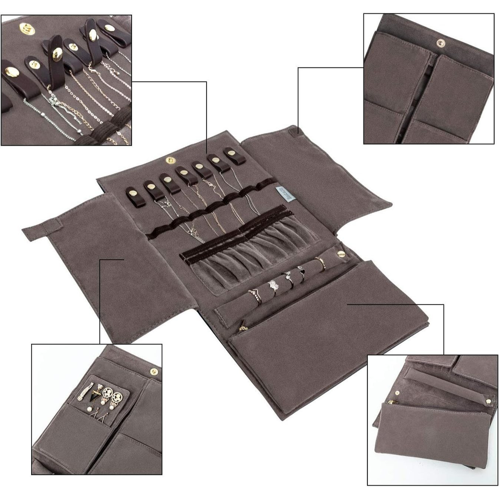 Luxury Jewelry Organizer Roll Travel Case for Necklaces, Rings & Bracelets – Portable Leather & Suede Jewelry Storage