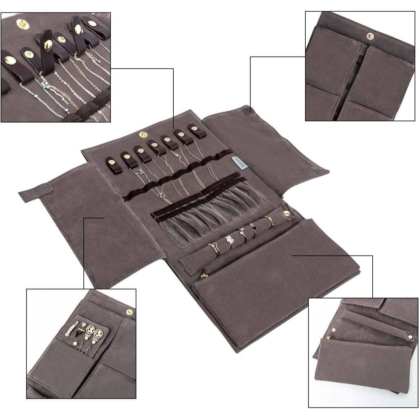 Luxury Jewelry Organizer Roll Travel Case for Necklaces, Rings & Bracelets – Portable Leather & Suede Jewelry Storage