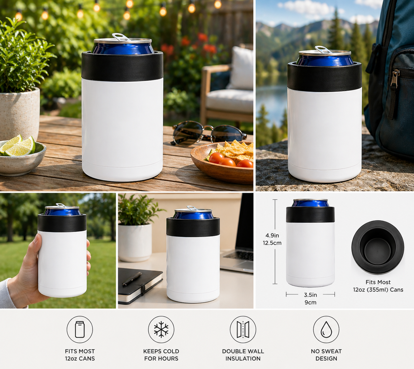 Insulated Can Cooler Tumbler with Lid, Stainless Steel Double Wall Beverage Holder, Fits Standard 12oz Cans, No Sweat Drink Sleeve for Beer, Soda & Cold Drinks